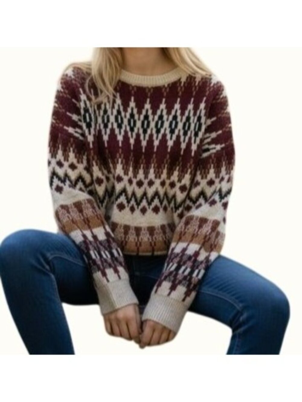 FRYE Fair Isle Crewneck Sweater Womens Sz L Tan/Maroon Soft Poly Nylon Spandex
